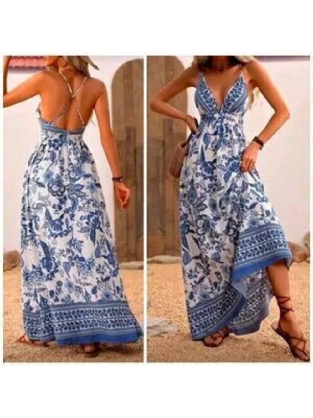 New Flowy Boho Tribal Maxi Dress Halter White Blue